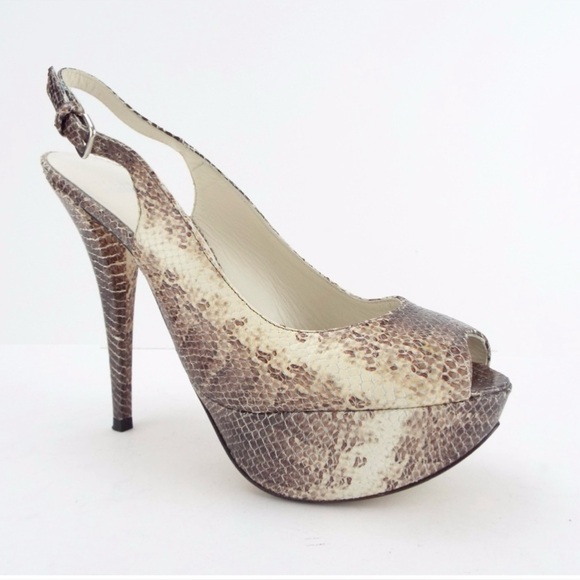 🔥STUART WEITZMAN Grey Snake Platform Sling Back Open Toe Vevey Heels Pumps 8US - Picture 3 of 11